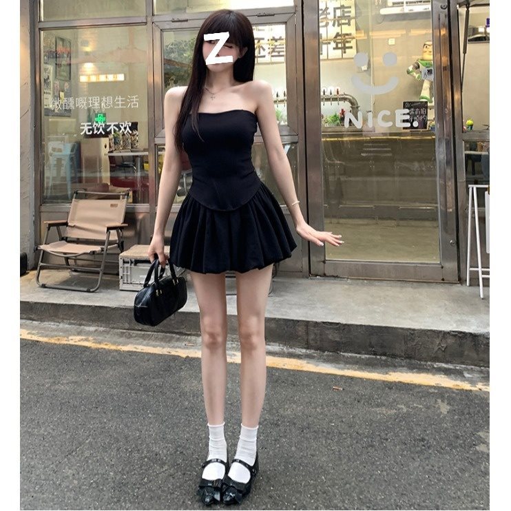 性感露背黑色鱼骨收腰抹胸背心小个子蓬蓬半身裙a字短裙套装女夏