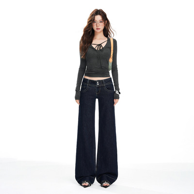 橙绢女装#深蓝色低腰喇叭裤秋冬新款双扣设计感窄版微喇牛仔裤女