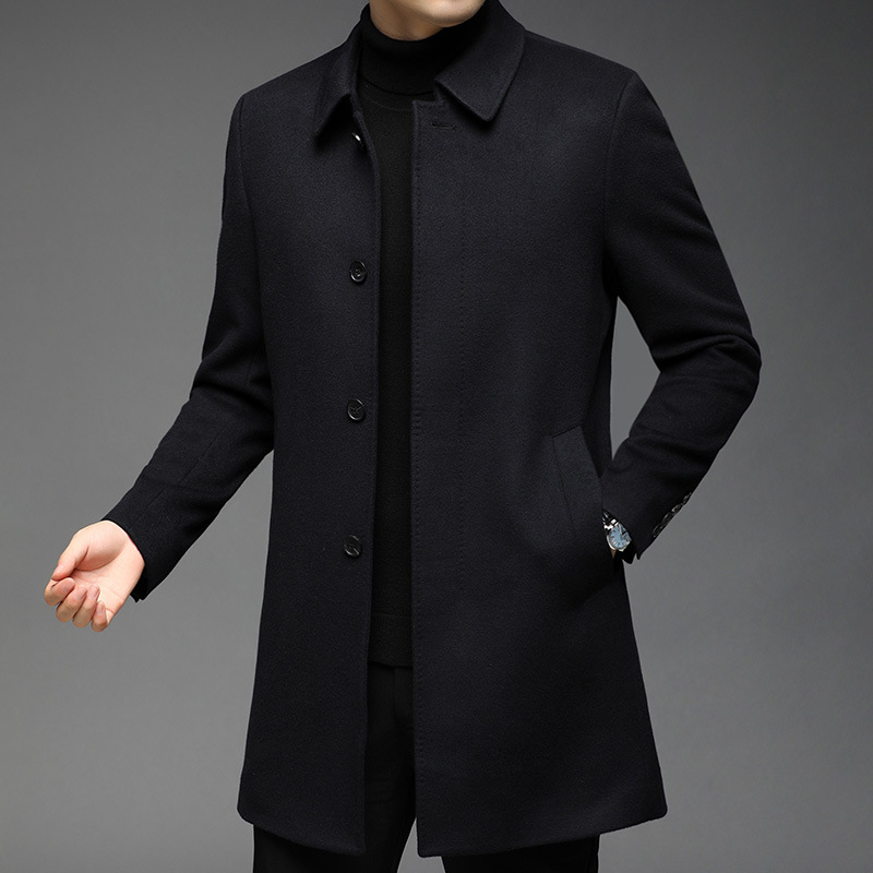 高端100%山羊绒大衣男装中长款春秋毛呢夹克中年爸爸装呢子外套