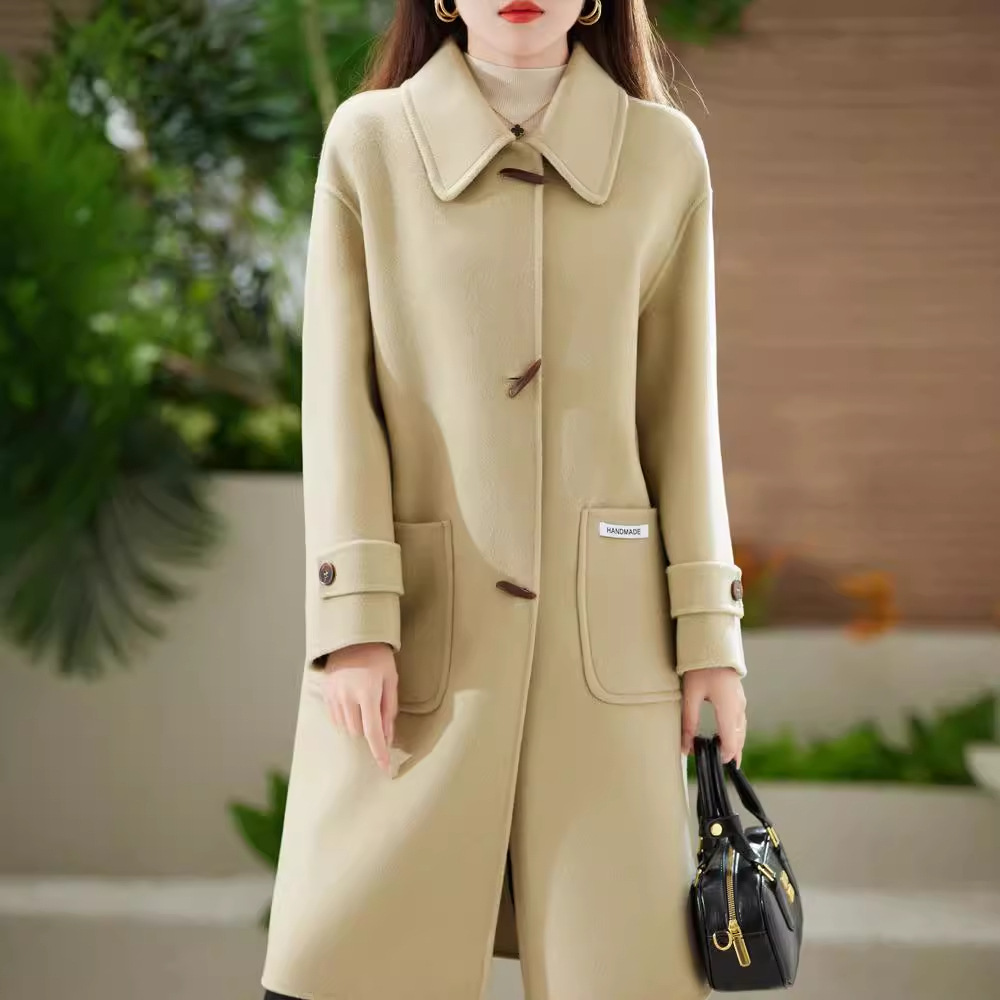 秋冬双面呢100%羊毛大衣女修身长款大翻领牛角扣毛呢外套气质通勤