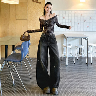 涂鸦泼墨斑点牛仔裤女装2025年秋冬季新款美式做旧拖地宽松阔腿裤