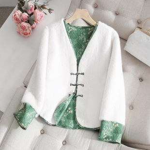 外套 皮毛一体秋冬双面穿皮草复古小香风短款 代发中式 国风盘扣新款