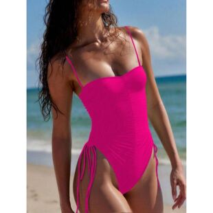 欧美露背性感连体泳衣系绳经典黑色坑条比基尼女士沙滩抽绳游泳衣