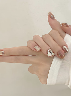 美甲成品短方六芒星钻裸色显白纯手工定穿戴甲成品假指甲贴片拆卸