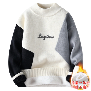 一体绒加绒加厚毛衣男秋冬季潮牌青少年初中高中学生半高领针织衫
