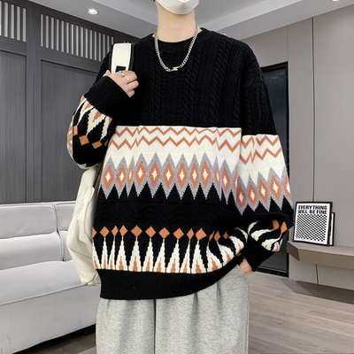 秋季毛衣男款冬季加厚保暖提花圆领线衣外套男青少年慵懒风针织衫