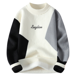 一体绒加绒加厚毛衣男秋冬季潮牌青少年初中高中学生半高领针织衫