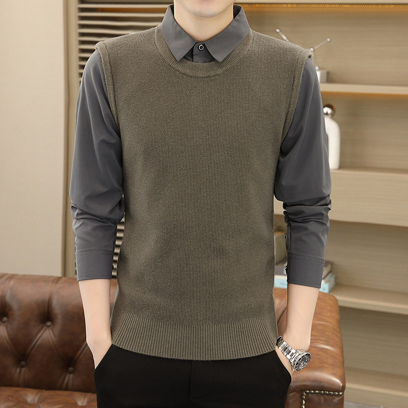 假两件针织毛衣男韩版修身纯色衬衫领男装长袖带领外穿秋装上衣潮