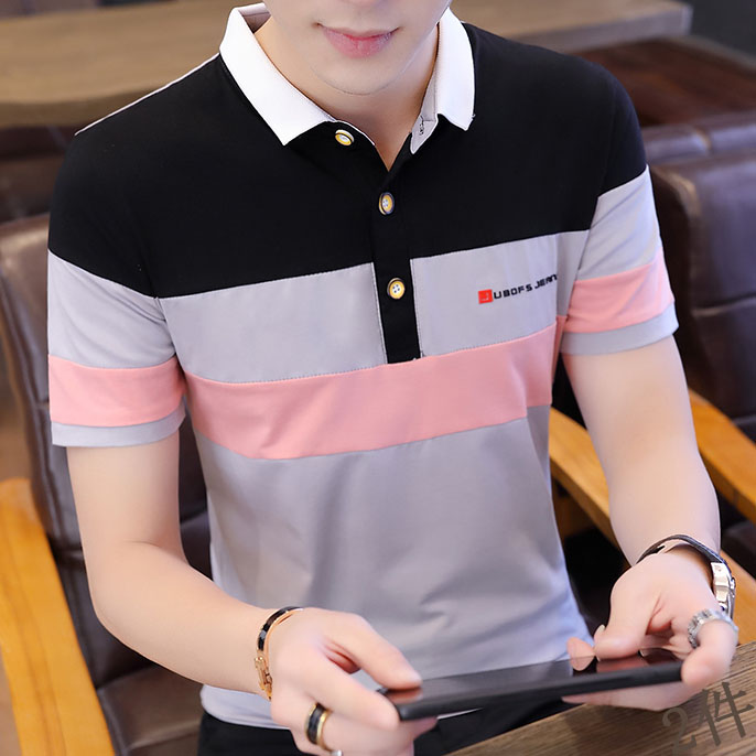 短袖t恤条纹拼色体桖男士衬衫领