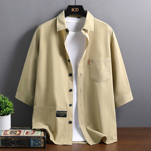 夏季七分袖衬衫男士新款宽松休闲中袖衬衣纯棉六分袖男士外套潮流