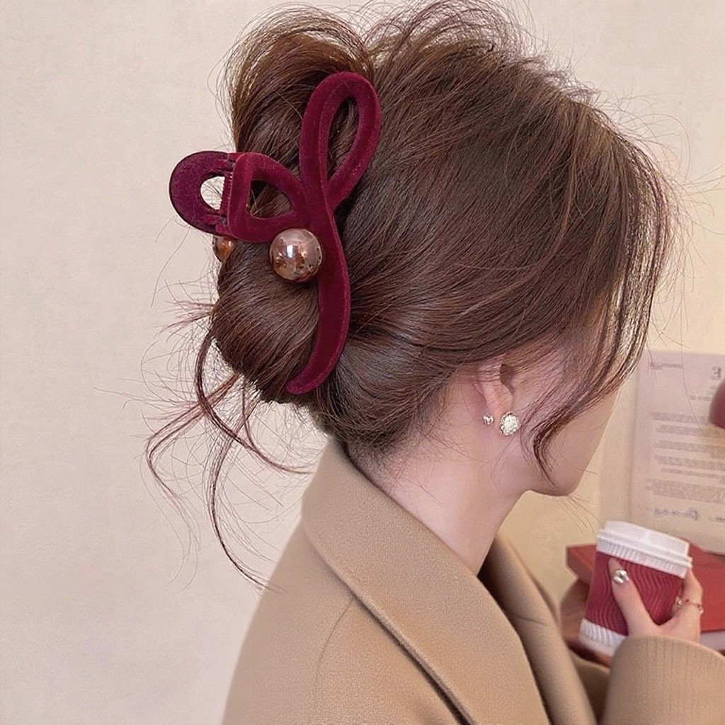 新年红丝绒珠珠抓夹大号女2025新感鲨鱼夹发夹后脑勺夹子头饰