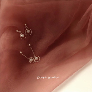 圆心 设计款天然珍珠几何圆形耳钉 纯银长款瘦脸耳坠小众韩版耳饰