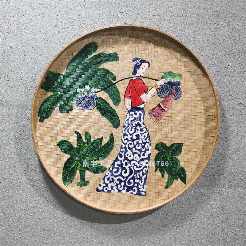 簸箕手绘画竹编复古怀旧挂件少数民族风墙面装饰乡村建设户外素材