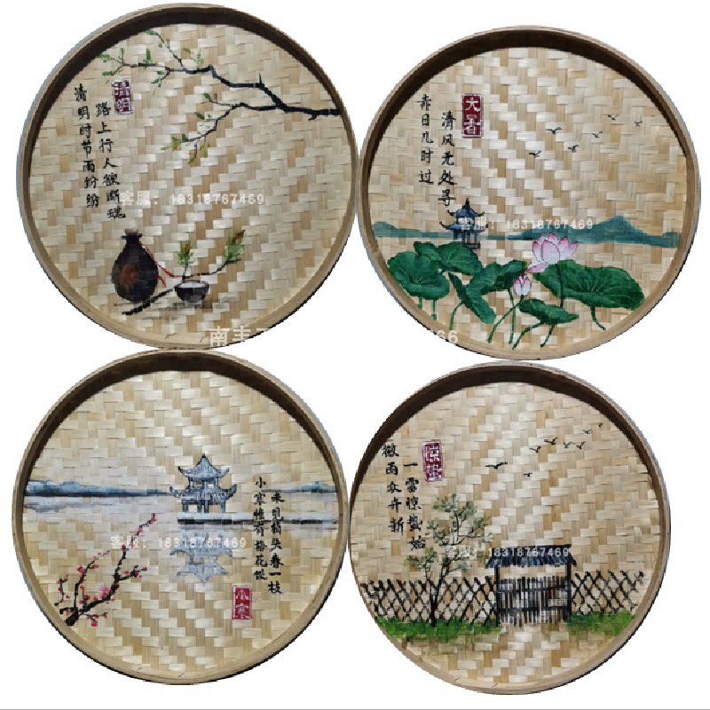 簸箕画竹编制品手绘装饰画二十四节气饭店农家乐装饰墙壁挂画怀旧