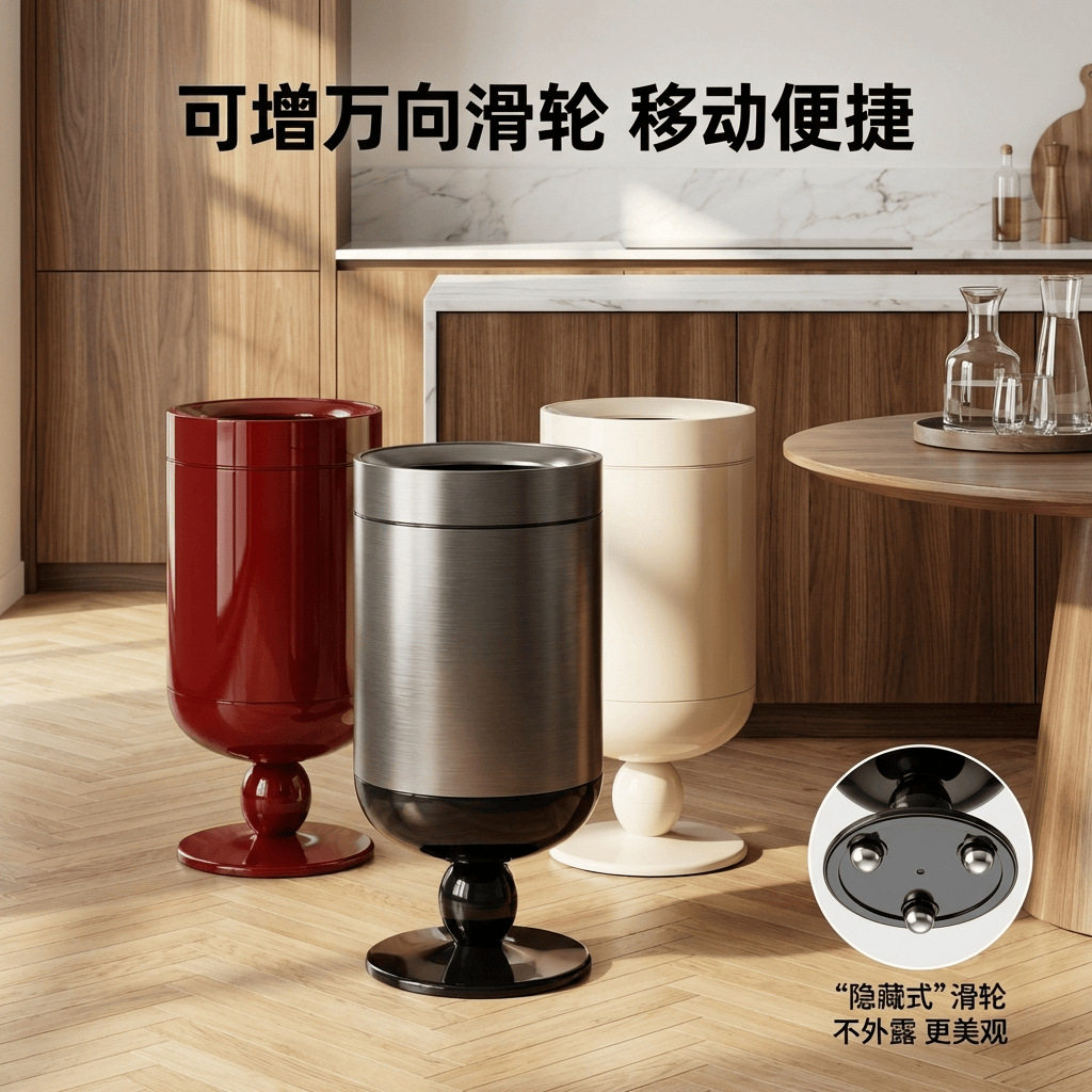 不锈钢垃圾桶家用2026轻奢高档客厅高脚酒杯复古带盖可移动大容量