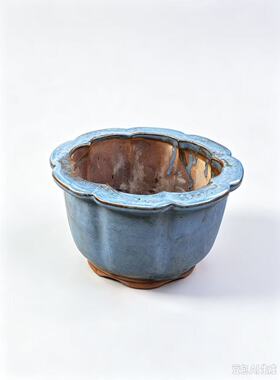 宜兴老花盆 天蓝色窑变釉葵边瓜棱 老紫砂釉盆 盆景盆栽老瓷收藏