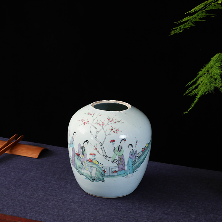 日月堂 民国老粉彩赏瓶 仕女赏梅冬瓜坛老瓷器古董收藏老物件摆件