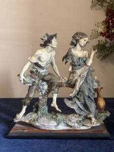 二十世纪意大利石质田园情侣摆件 浪漫复古欧式雕塑 软装藏品