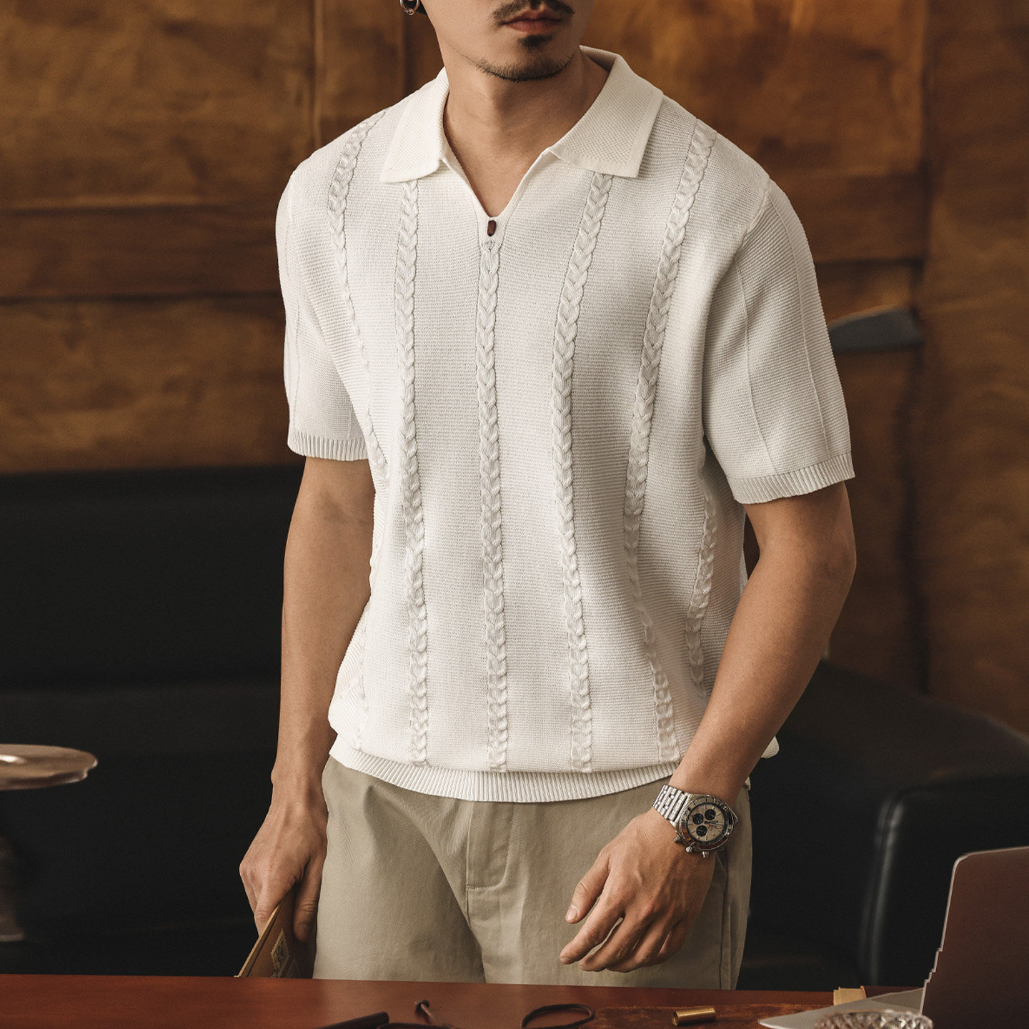 老钱风轻奢意式V领绞花纹Polo衫男夏季冰爽丝凉感针织衫短袖t恤男