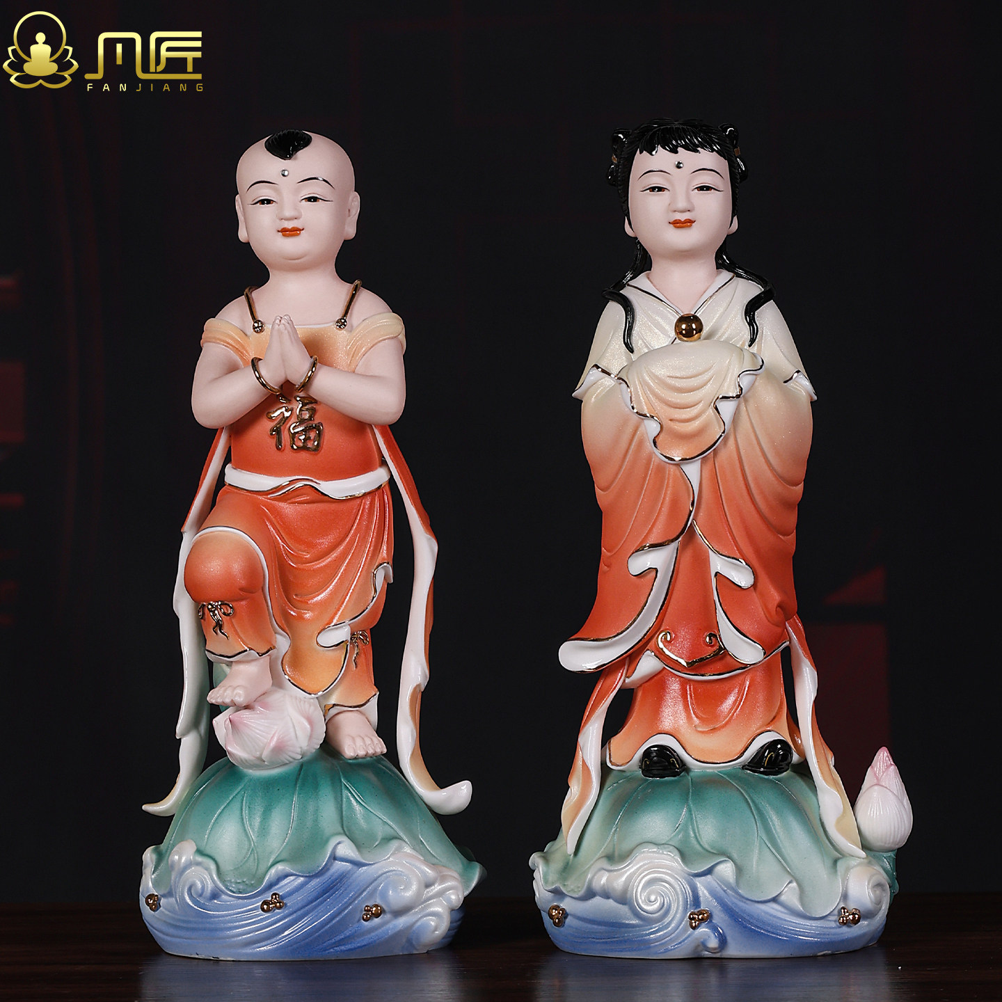 凡匠德化陶瓷善财童子龙女摆件桔衣童子家用供奉菩萨佛前侍奉对童