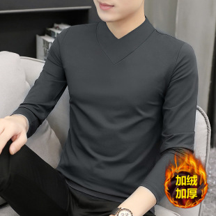 银狐绒男士长袖t恤秋冬保暖半高V领上衣男中领加绒加厚打底衫