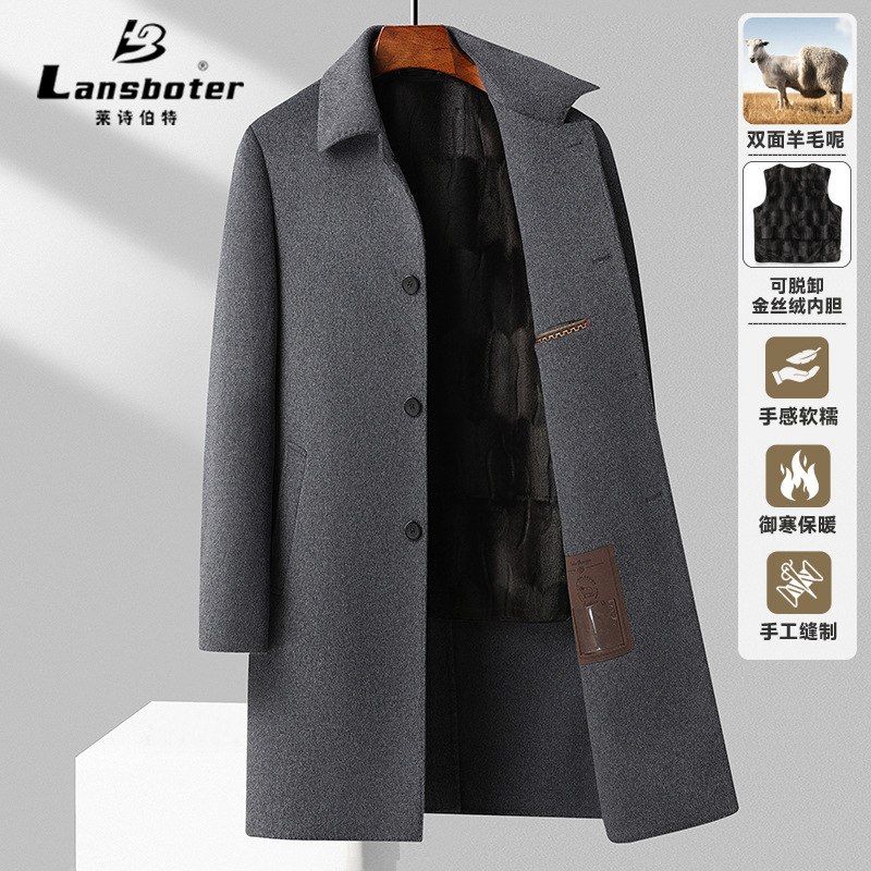可脱卸金貂绒内胆双面呢羊毛大衣秋冬男士长款双面呢大衣男装外套