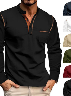 2024春夏跨境欧美男装立领长袖polo衫男外贸男士马球服亚马逊上衣