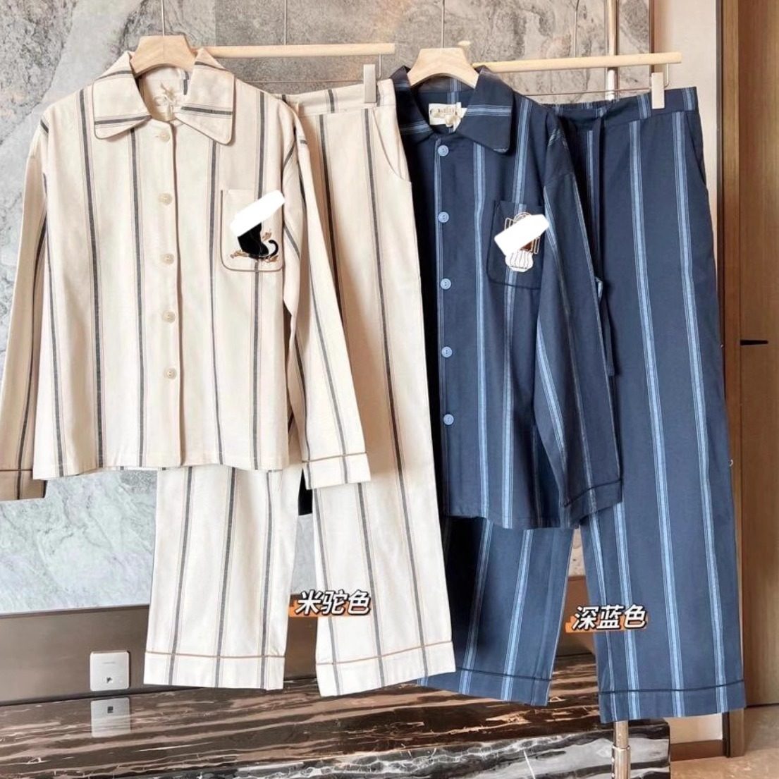 派家同款100%全棉磨毛睡衣秋冬季情侣款男女同款条纹家居服可外穿