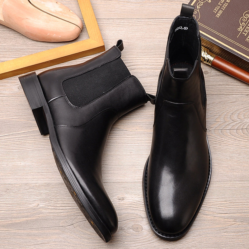 CHELSEA BOOTS MENS BRITISH LEATHER BOOTS EUROPEAN AND AMERICAN TRENDS ELASTIC SOCKETS HIGH-TOP LEATHER SHOES COWHIDE CARGO BOOTS