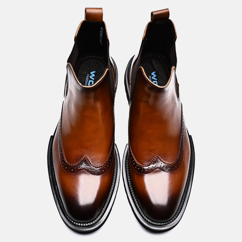 TOP LAYER COWHIDE CHELSEA BOOTS MENS ENGLISH LEATHER CARVED SHORT BOOTS PLATFORM ROUND TOE BUSINESS FORMAL HIGH-TOP LEATHER SHOES