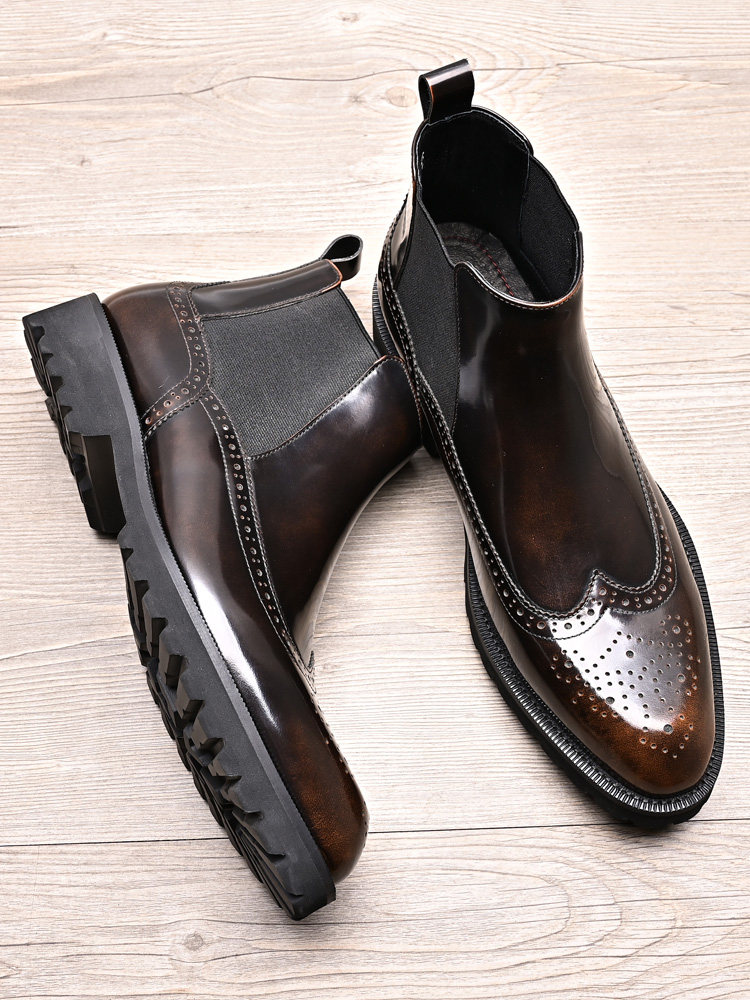 AUTUMN|WINTER GENTLEMAN CHELSEA BOOTS MENS LEATHER SHINY BRITISH POINTED TOE CARVED BROGUE BOOTS PLUS FLEECE WARM BOOTS