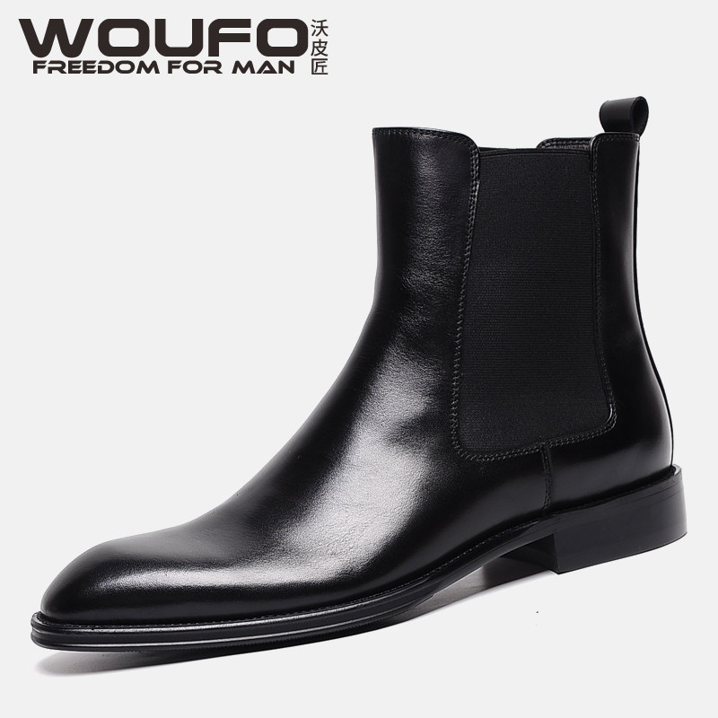 WOUFO2020 NEW CHELSEA BOOTS MENS TRENDY YOUTH BRITISH POINTED TOE GENUINE LEATHER RETRO SLEEVE COWHIDE BOOTS