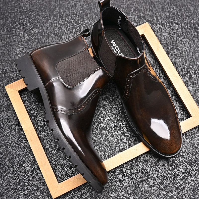 2022 NEW FALL|WINTER BRITISH SHINY LEATHER CHELSEA BOOTS ELASTIC SHORT BOOTS TRENDY MENS SHORT BOOTS SOFT SOLE
