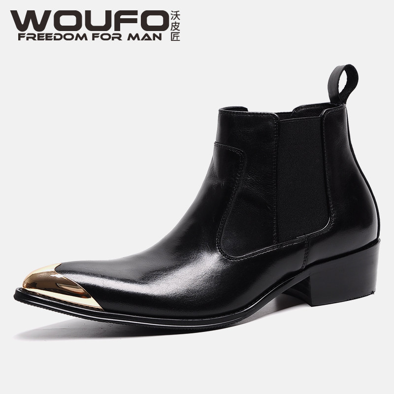 EUROPEAN AND AMERICAN TRENDY MENS POINTED TOE WESTERN COWBOY BOOTS LEATHER BRITISH ELASTIC SLEEVE CHELSEA BOOTS METAL TOE CAP
