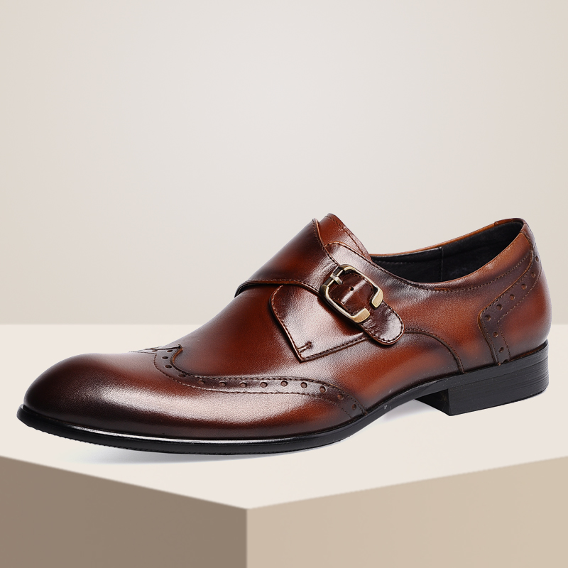 孟克鞋男搭扣欧美复古真皮尖头雕花布洛克二接头商务正装皮鞋透气