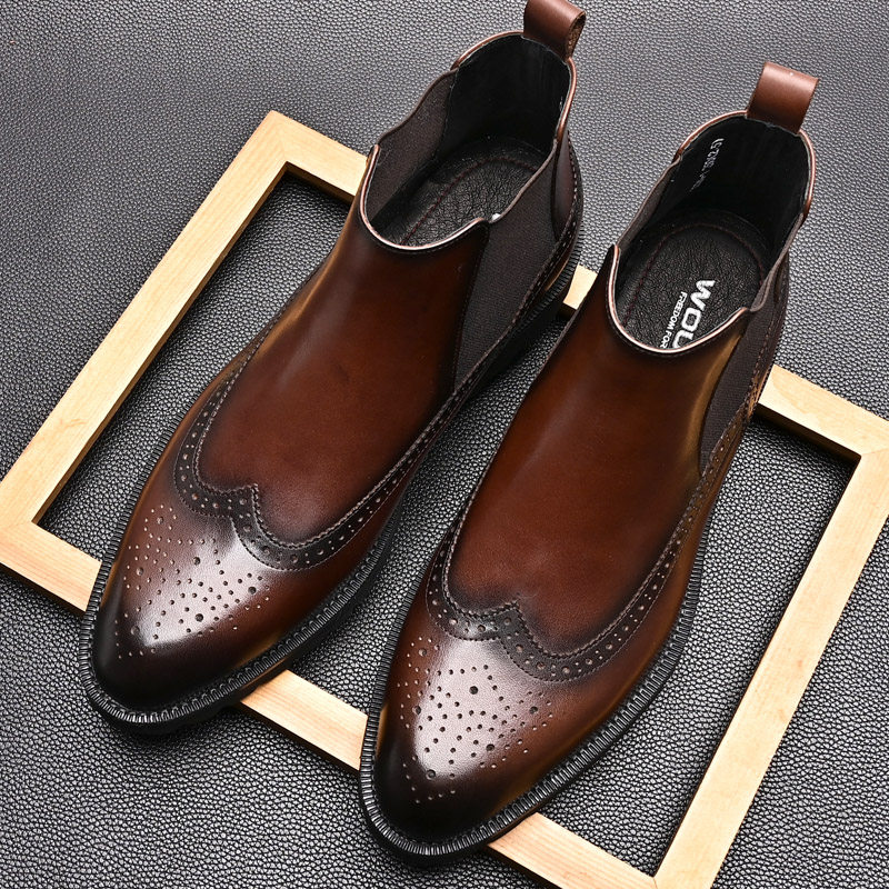 AUTUMN AND WINTER NEW TOP COWHIDE CHELSEA BOOTS BRITISH FASHION MENS CARVED BROGUE BOOTS HIGH-TOP LEATHER SHOES