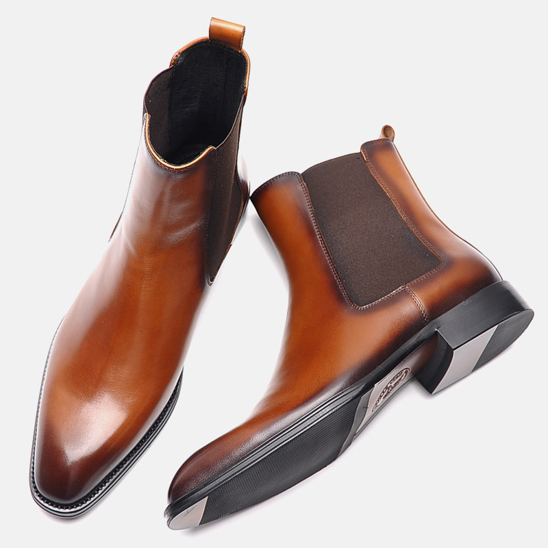 WOUFO2020 NEW CHELSEA BOOTS MENS TRENDY YOUTH BRITISH POINTED TOE GENUINE LEATHER RETRO SLEEVE COWHIDE BOOTS