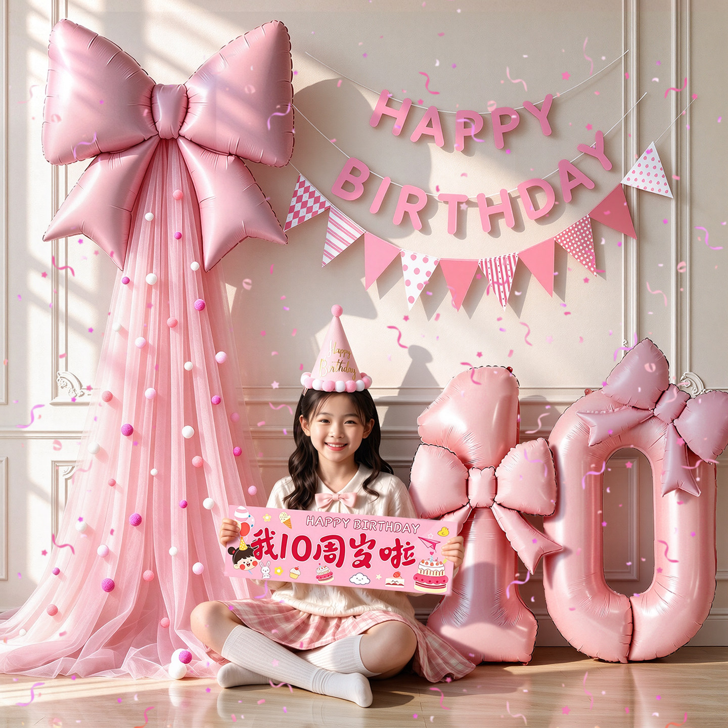 10周岁生日场景布置装饰蝴蝶结网纱气球立柱女孩仪式氛围拍照道具