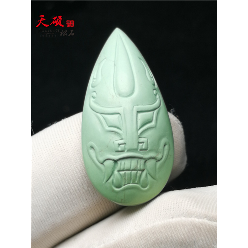 天然无优化绿松石雕刻戒面裸石 军绿色吊坠面原矿