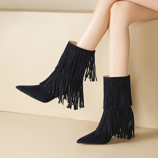 高级感流苏女靴高跟鞋 黑色真皮尖头细跟短靴中筒靴女秋冬羊皮靴子