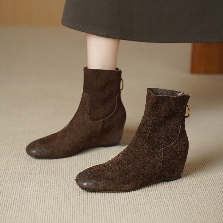 手工女鞋复古方头坡跟短靴女秋冬真皮切尔西靴短筒靴内增高单靴子,女鞋,时装靴,淘宝优惠券,粉丝福利购,淘宝优惠卷