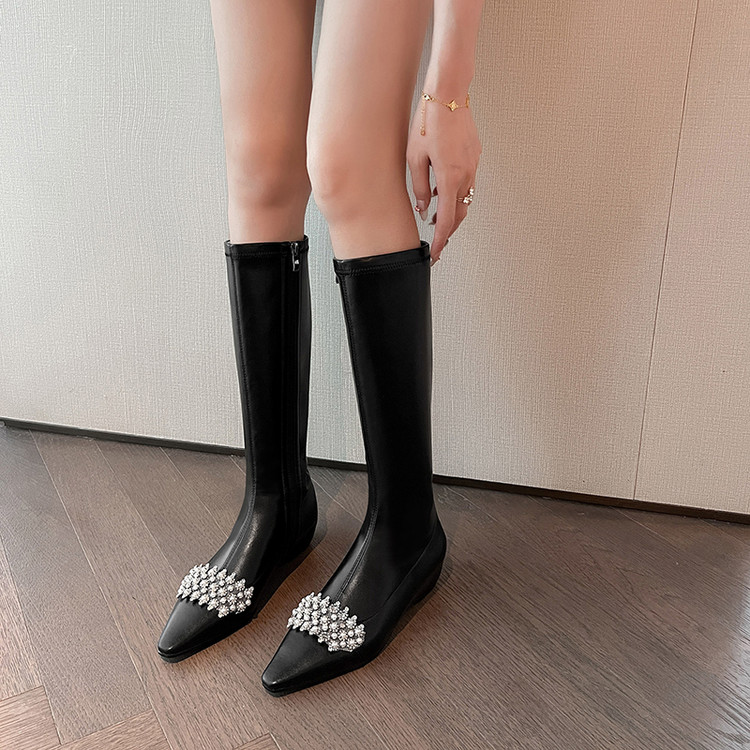 中跟内增高高筒靴女秋冬新款侧拉链加绒水钻弹力靴不过膝舒适长靴