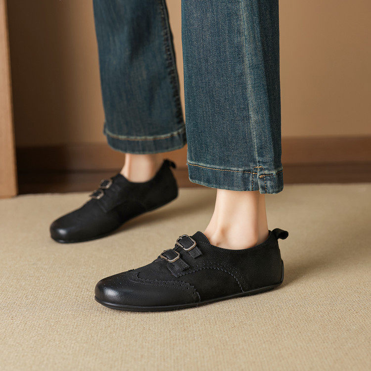 老钱风复古擦色皮带扣平底雕花布洛克小皮鞋软底户外休闲女登山鞋,女鞋,深口单鞋,淘宝优惠券,粉丝福利购,淘宝优惠卷