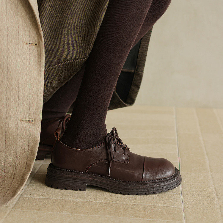 英伦风复古深口单鞋女2026春季新款真皮厚底系带圆头百搭皮鞋,女鞋,深口单鞋,淘宝优惠券,粉丝福利购,淘宝优惠卷