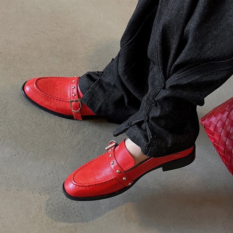 韩版复古圆头深口单鞋女金属扣乐福鞋百搭舒适粗跟铆钉真皮小皮鞋,女鞋,深口单鞋,淘宝优惠券,粉丝福利购,淘宝优惠卷