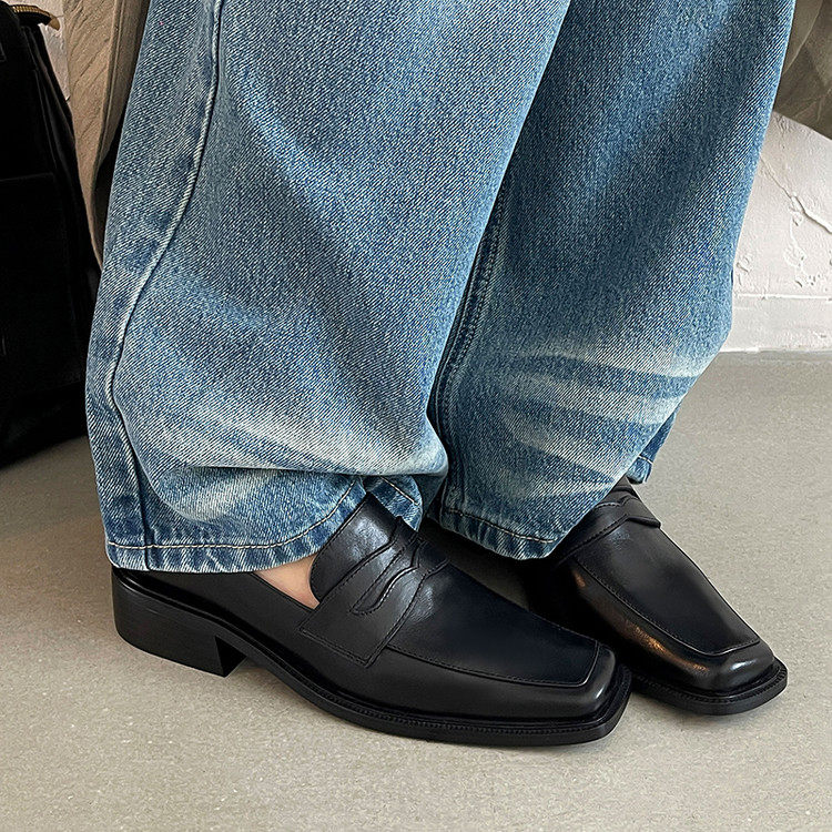 2026年春季新款时髦真皮方头乐福鞋懒人单鞋粗跟厚底英伦皮鞋,女鞋,深口单鞋,淘宝优惠券,粉丝福利购,淘宝优惠卷