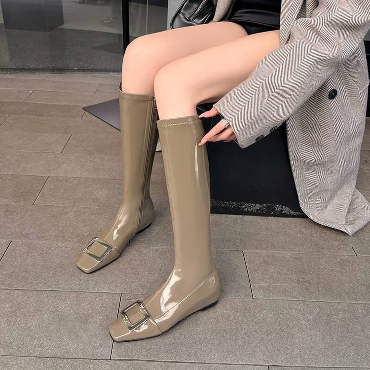 高跟长靴女2025秋冬时尚方头水钻侧拉链内增高长筒靴子漆皮靴