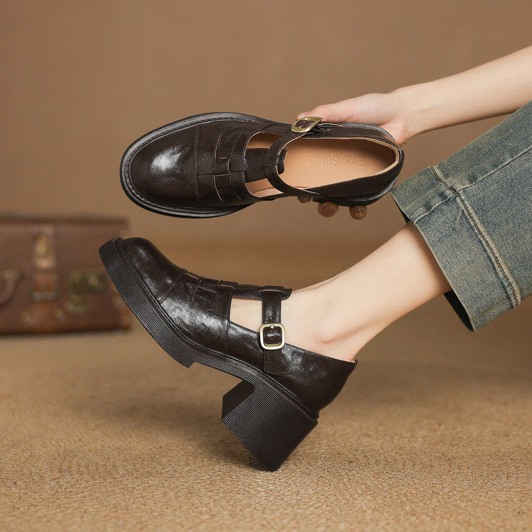 6CM粗跟单鞋女春季编织小皮鞋真皮丁字鞋休闲高跟圆头玛丽珍鞋,女鞋,浅口单鞋,淘宝优惠券,粉丝福利购,淘宝优惠卷