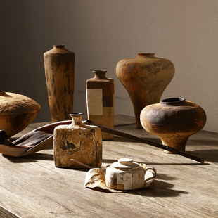 饰品 茶室摆件客厅插花家居侘寂禅意装 形上冯哲元 粗陶瓷花瓶日式