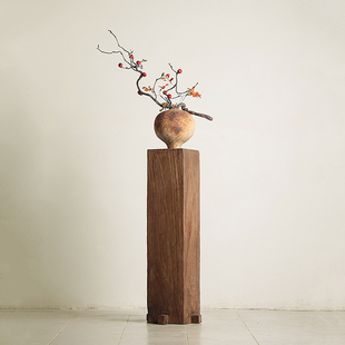 形上侘寂风实木墩底座柱子冯哲元花瓶客厅玄关木雕中式造景摆件